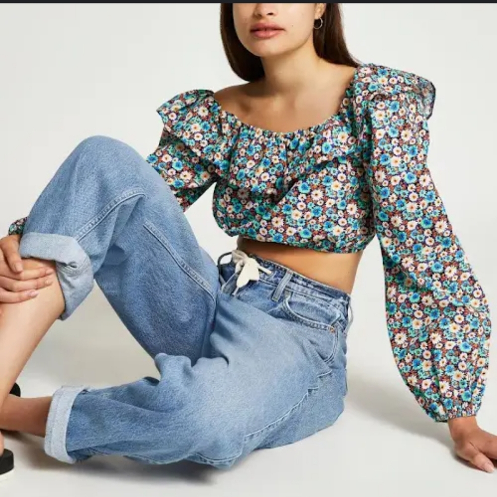 River Island Off Shoulder Ruffle Boho Floral Festival Crop Top